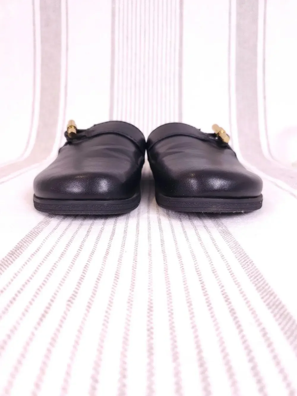 Zara Shoes Womens 10 Black Clogs Vegan Leather Mules Slide Cork Gold Toggle